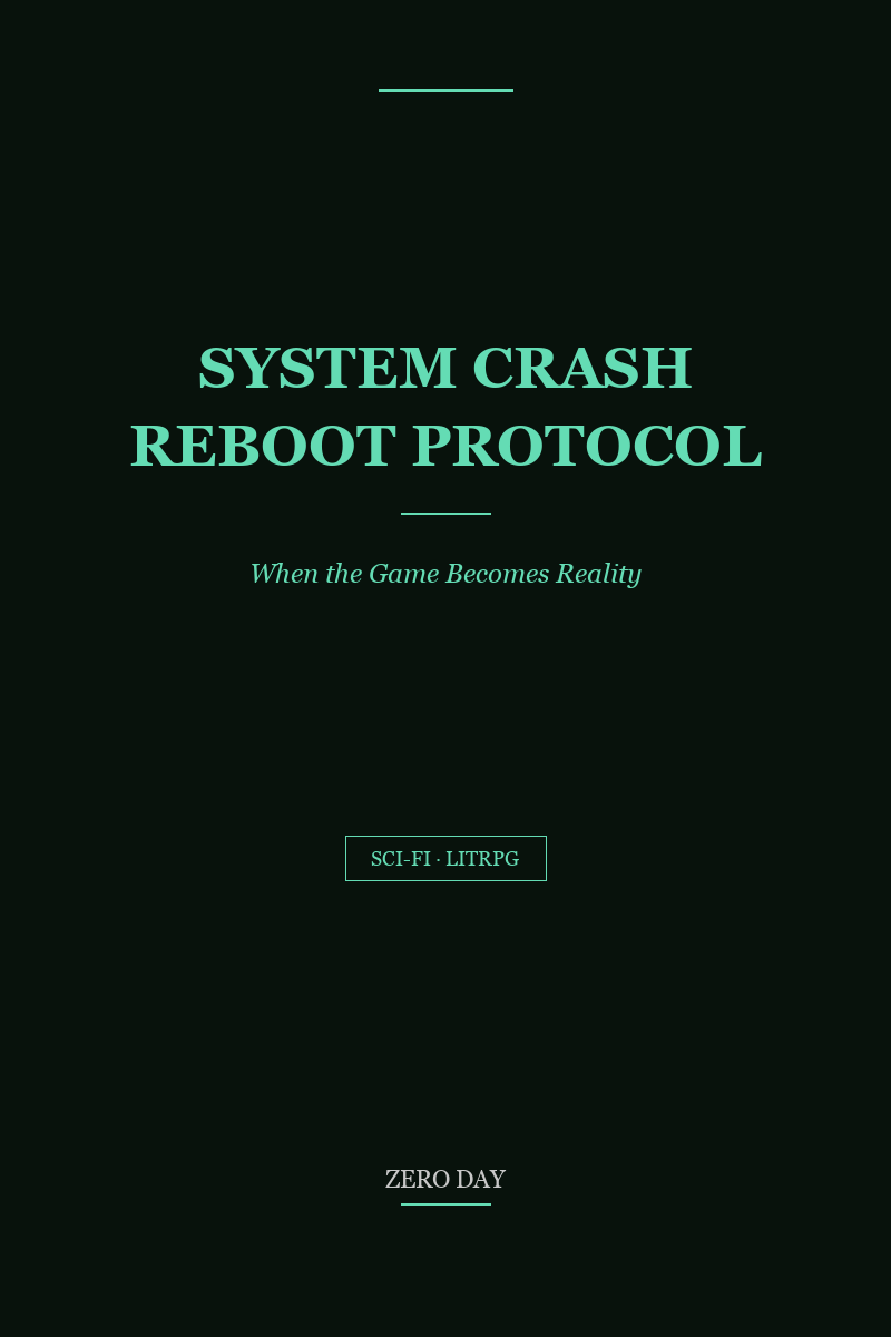 System Crash Reboot Protocol novel cover — a VR headset glowing with corrupted code in a dark room